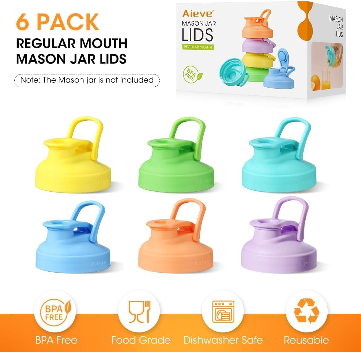 6 Pack Mason Jar Lids, Regular Mouth Pour Spout Lid with Flip Top, Canning Lids for Ball Mason Jars to Drinking & Storing Milk Coffee Lemonade Salad Dressing, Reusable, Leak-Proof