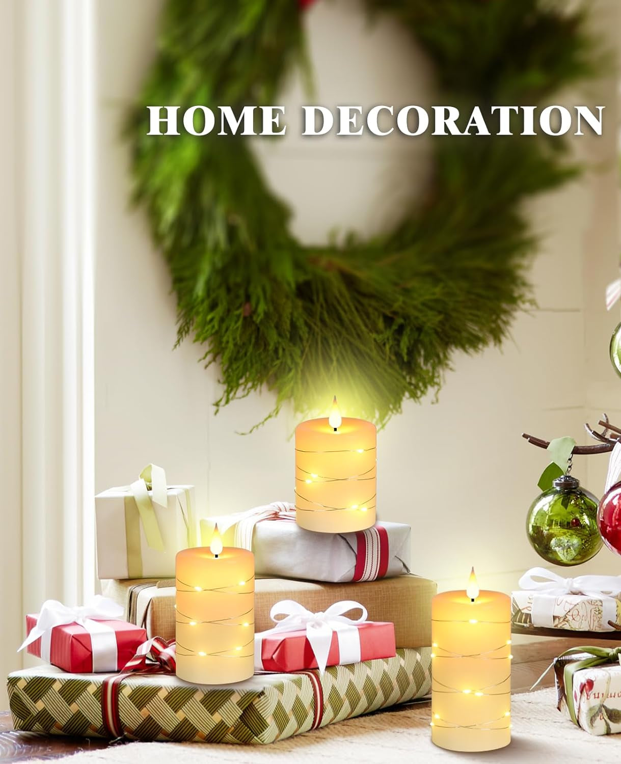 Flameless Candles with String Lights Battery Operated Candles, Led Flickering Candles with Remote Control and Timer, Real Wax, 3 Pack-Ivory