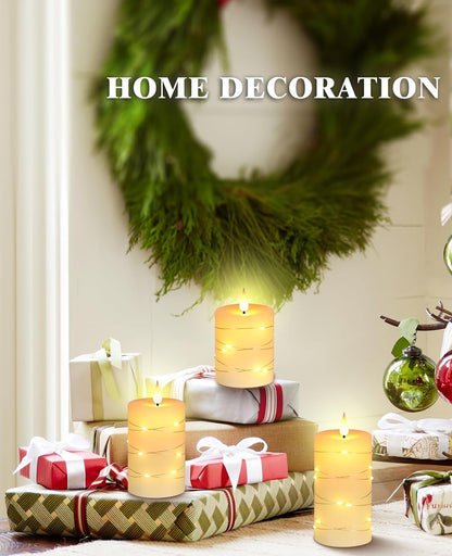 Flameless Candles with String Lights Battery Operated Candles, Led Flickering Candles with Remote Control and Timer, Real Wax, 3 Pack-Ivory