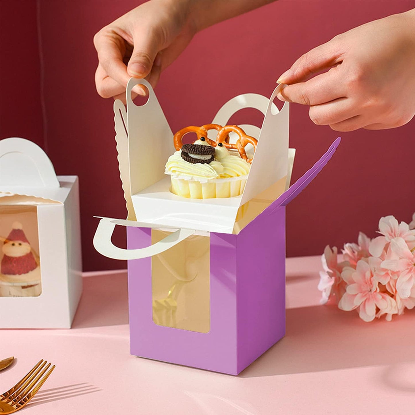 Cupcake Boxes, 30 Pcs Single Cupcake Boxes Individual Cupcake Containers Muffins Cupcake Carriers Holder Kraft Pastry Containers with Insert Window & Handle for Wedding Birthday Parties (Purple)