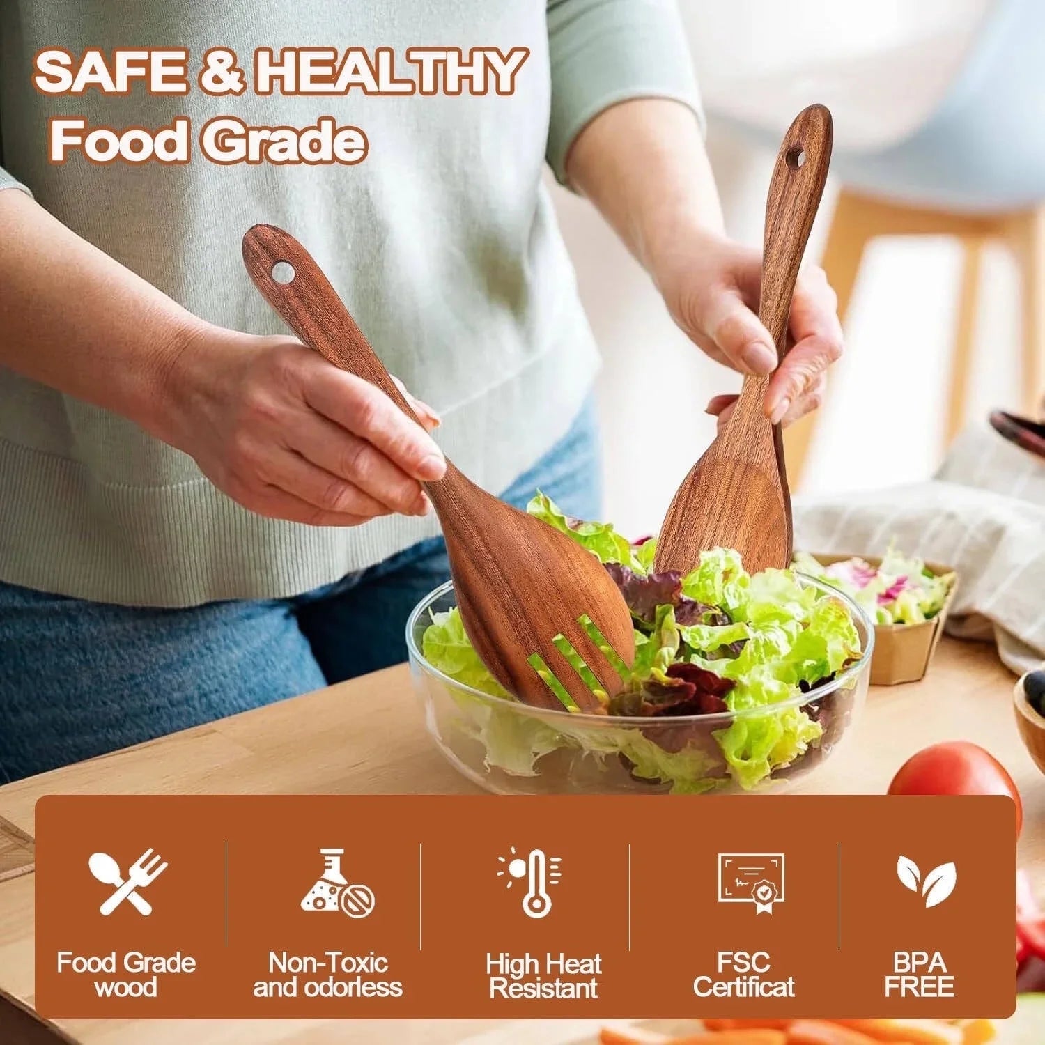 Wooden Spoons for Cooking, 9 Pcs Natural Teak Kitchen Utensil Set with Utensils Holder & Spoon Rest