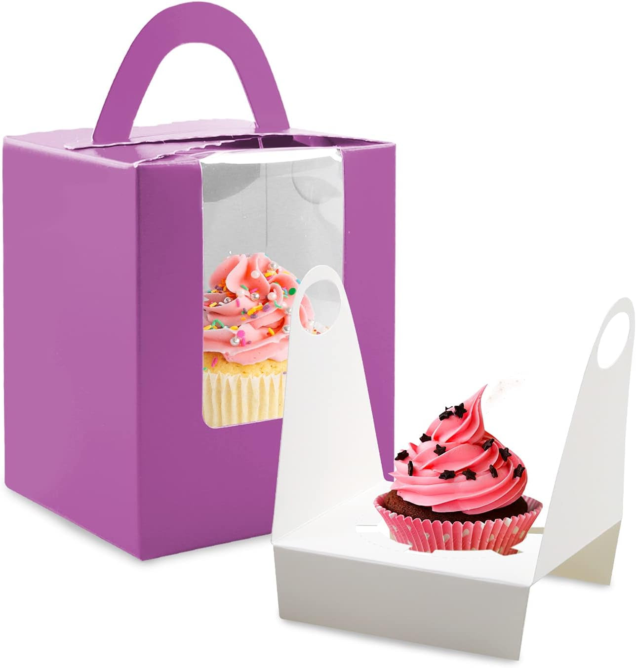Cupcake Boxes, 30 Pcs Single Cupcake Boxes Individual Cupcake Containers Muffins Cupcake Carriers Holder Kraft Pastry Containers with Insert Window & Handle for Wedding Birthday Parties (Purple)