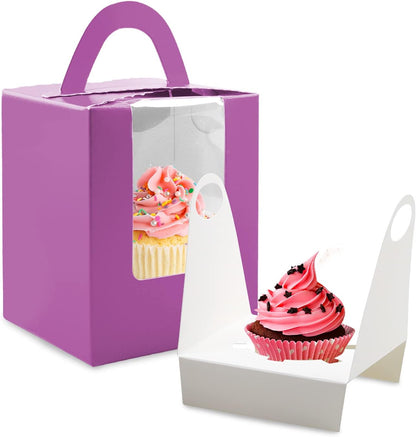 Cupcake Boxes, 30 Pcs Single Cupcake Boxes Individual Cupcake Containers Muffins Cupcake Carriers Holder Kraft Pastry Containers with Insert Window & Handle for Wedding Birthday Parties (Purple)