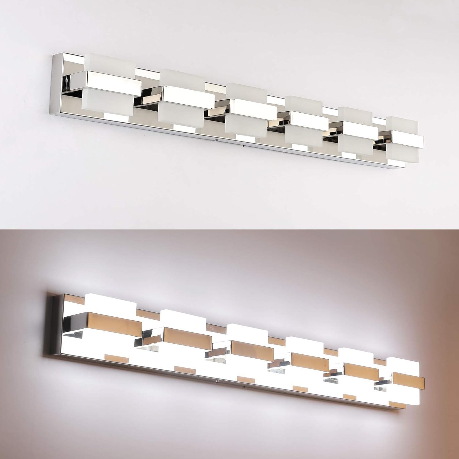 6 Lights Chrome Bathroom Light Fixtures Modern LED Bathroom Light Vanity Lights over Mirror 41 Inch White Light Dimmable