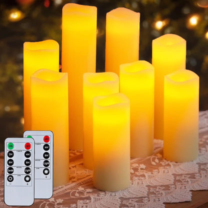 Remote-Controlled Flameless Pillar Candles, 9-Pack Large Outdoor LED Battery-Operated Ivory Votive Flickering Lights