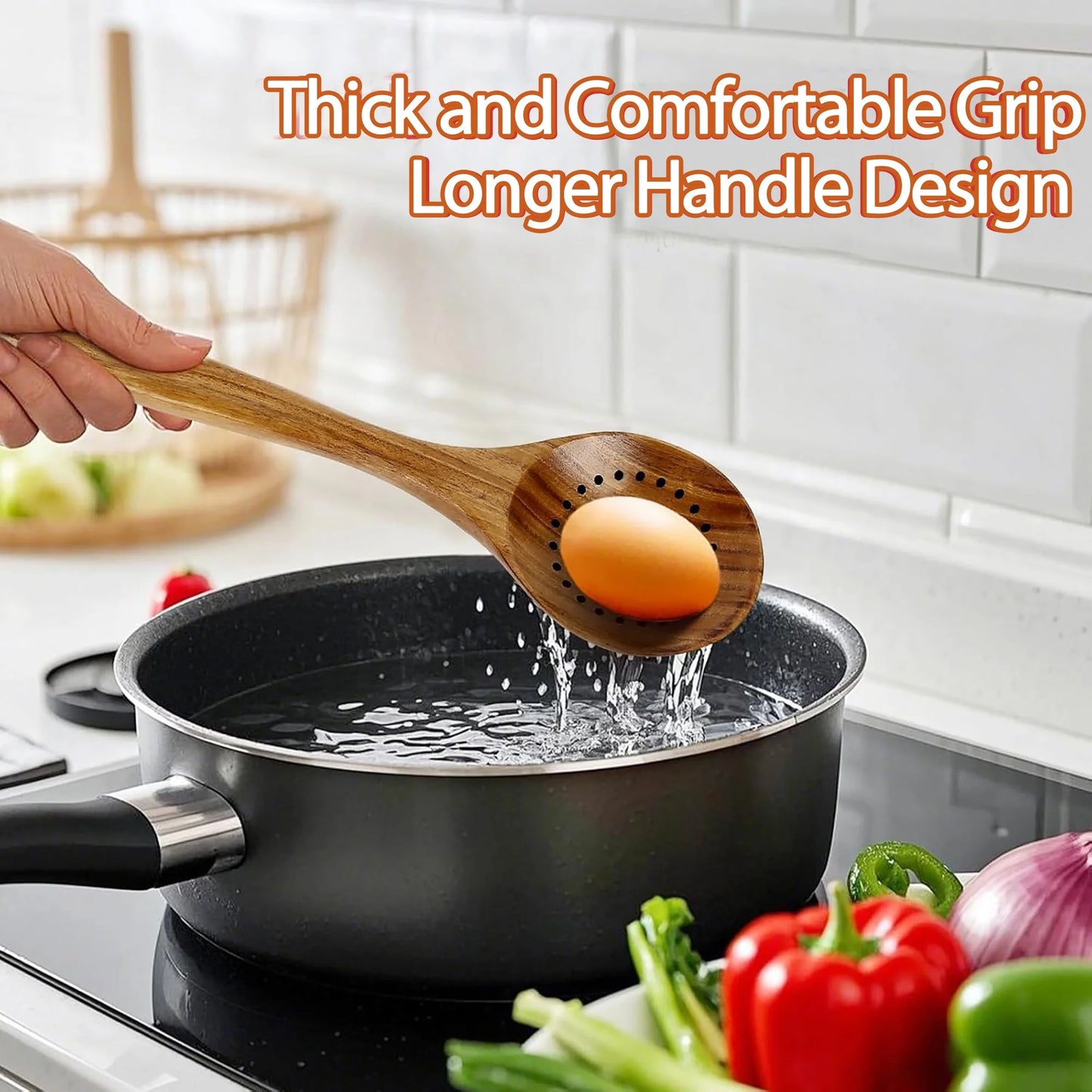 Wooden Spoons for Cooking, 9 Pcs Natural Teak Kitchen Utensil Set with Utensils Holder & Spoon Rest