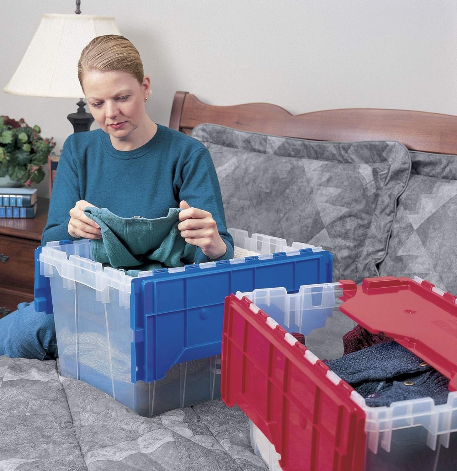 Keepbox 12 Gallon Storage Container, Nesting and Stackable Plastic Storage Box with Lid Attached