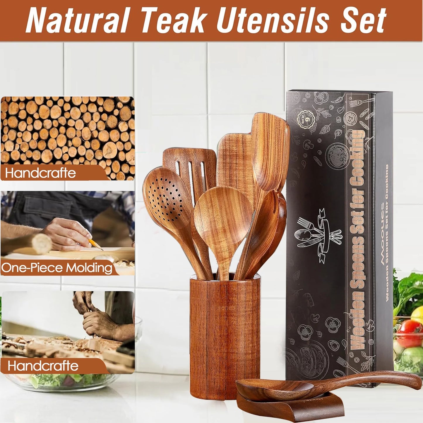 Wooden Spoons for Cooking, 9 Pcs Natural Teak Kitchen Utensil Set with Utensils Holder & Spoon Rest