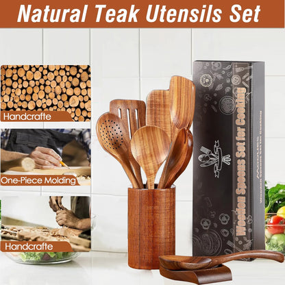 Wooden Spoons for Cooking, 9 Pcs Natural Teak Kitchen Utensil Set with Utensils Holder & Spoon Rest