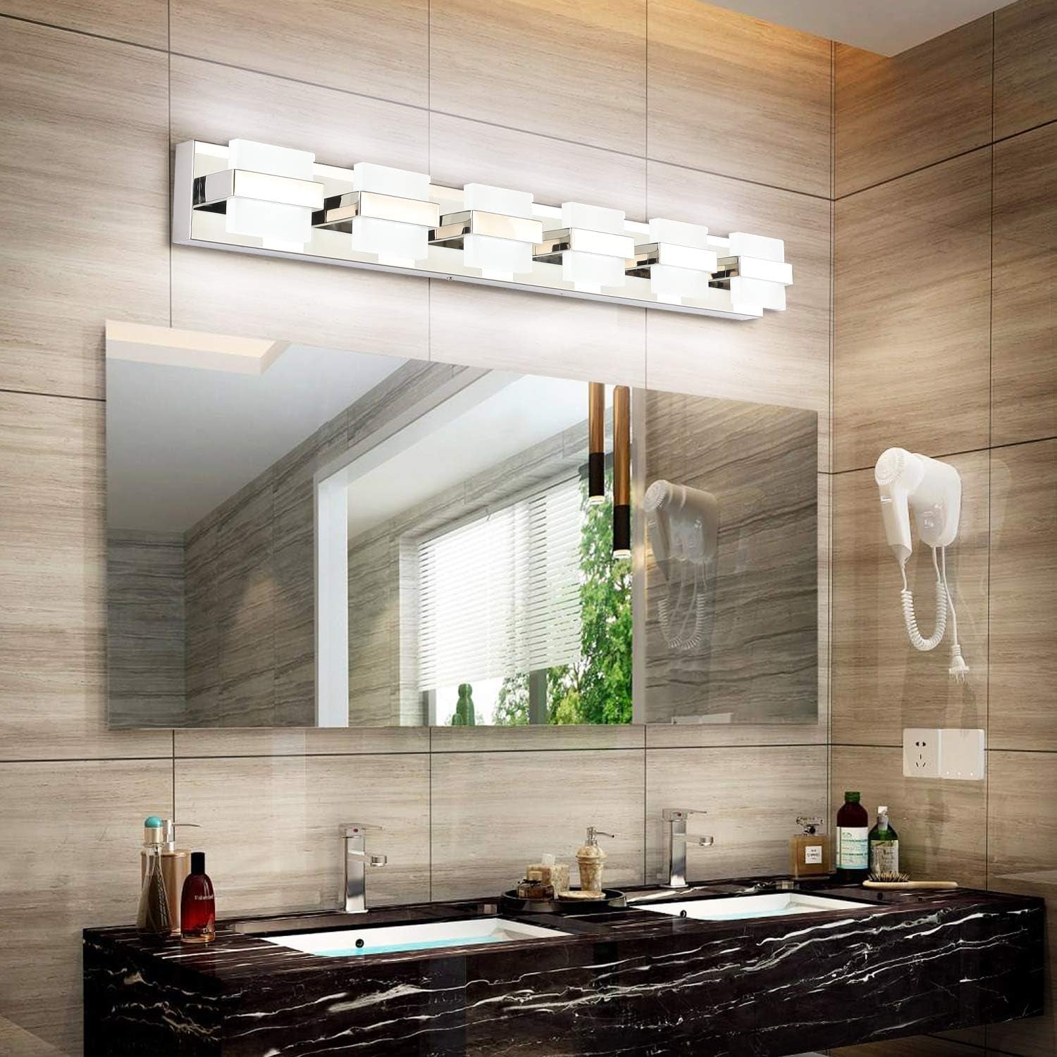 6 Lights Chrome Bathroom Light Fixtures Modern LED Bathroom Light Vanity Lights over Mirror 41 Inch White Light Dimmable