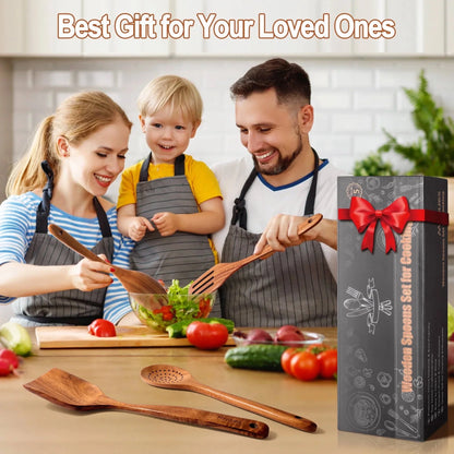 Wooden Spoons for Cooking, 9 Pcs Natural Teak Kitchen Utensil Set with Utensils Holder & Spoon Rest