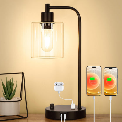Industrial Table Lamp with USB A+C Ports and Outlet, Fully Stepless Dimmable Modern Nightstand Lamp, Glass Shade Bedside Desk Lamp for Bedroom Living Room Office, 8W 2700K LED Edison Bulb Included.