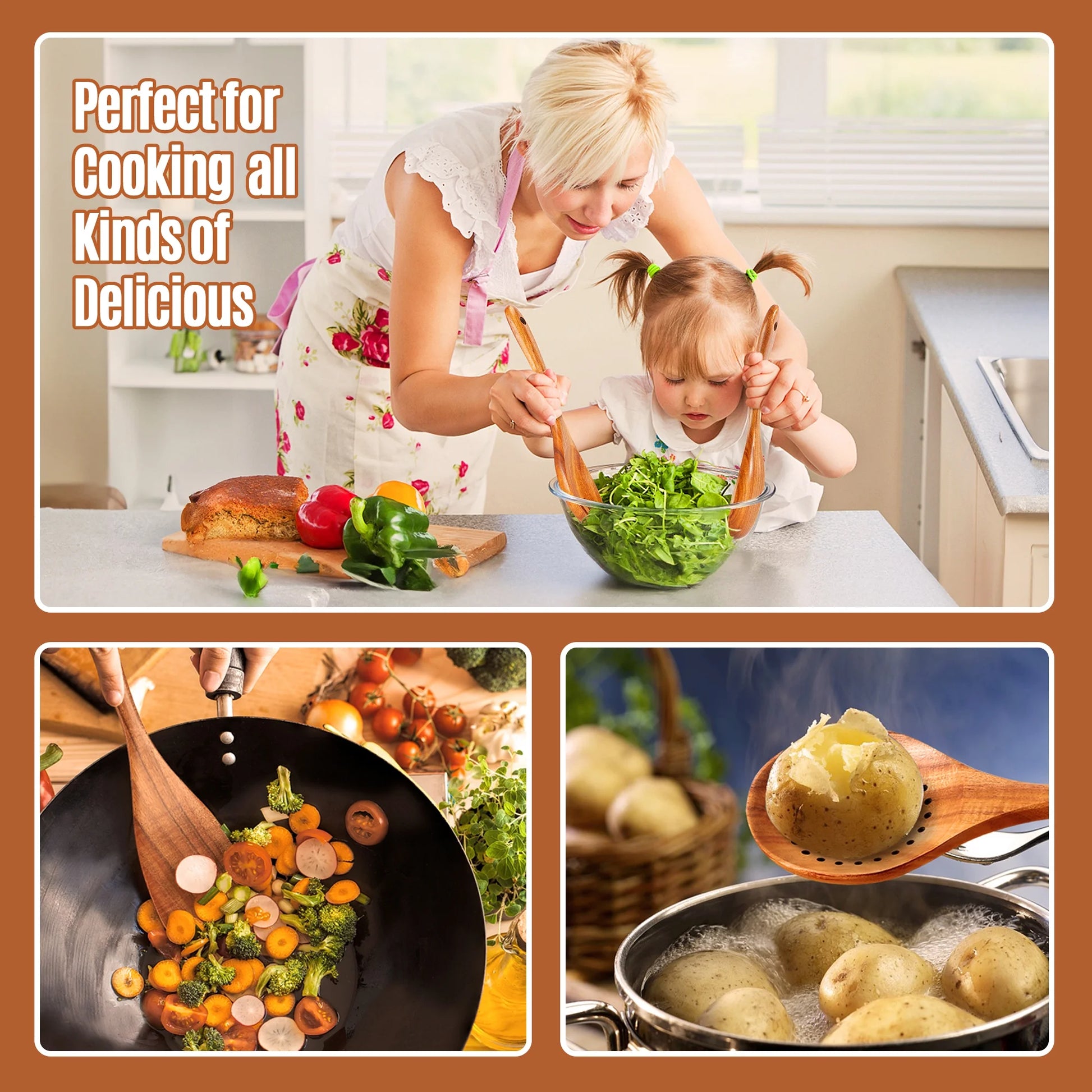 Wooden Spoons for Cooking, 9 Pcs Natural Teak Kitchen Utensil Set with Utensils Holder & Spoon Rest