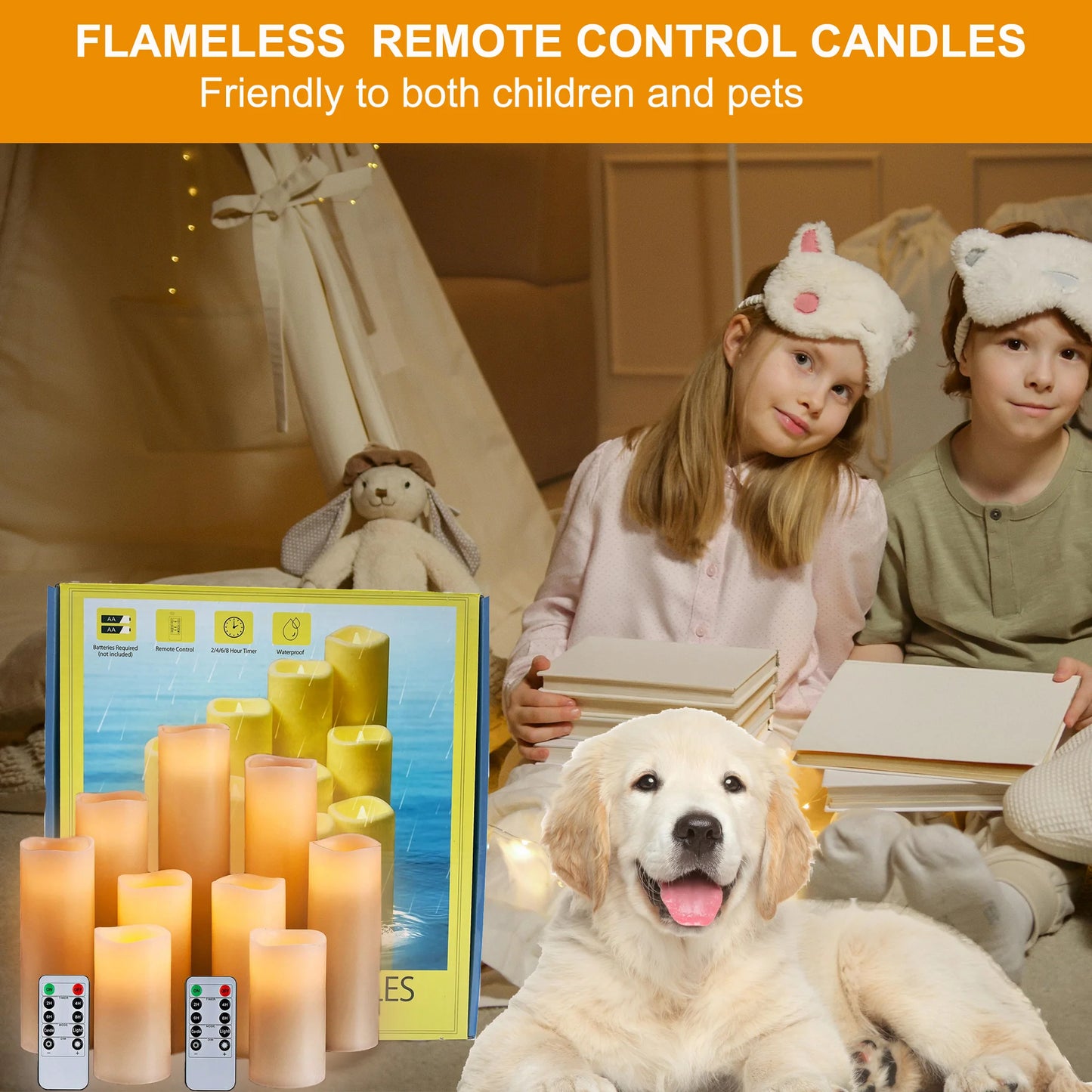 Remote-Controlled Flameless Pillar Candles, 9-Pack Large Outdoor LED Battery-Operated Ivory Votive Flickering Lights