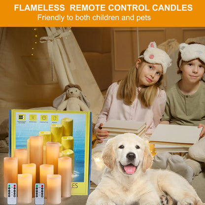 Remote-Controlled Flameless Pillar Candles, 9-Pack Large Outdoor LED Battery-Operated Ivory Votive Flickering Lights