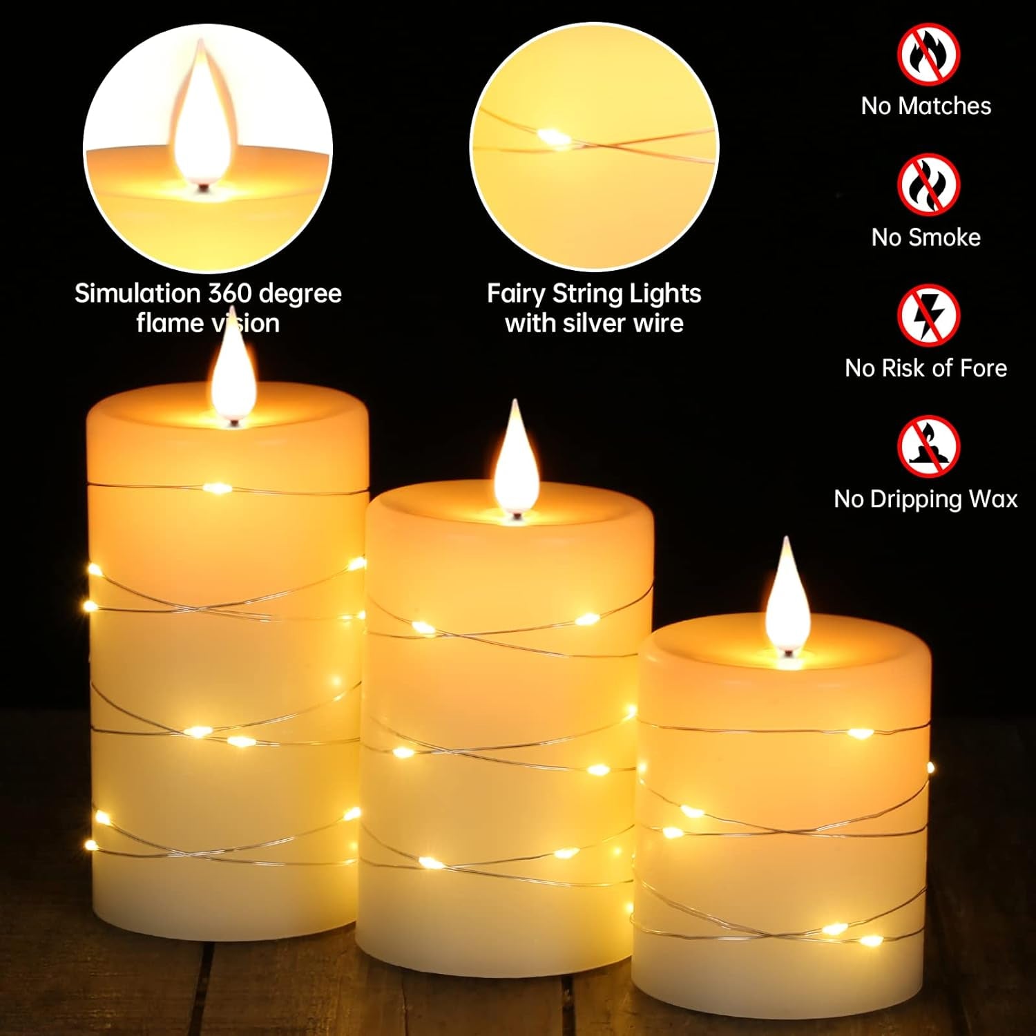 Flameless Candles with String Lights Battery Operated Candles, Led Flickering Candles with Remote Control and Timer, Real Wax, 3 Pack-Ivory