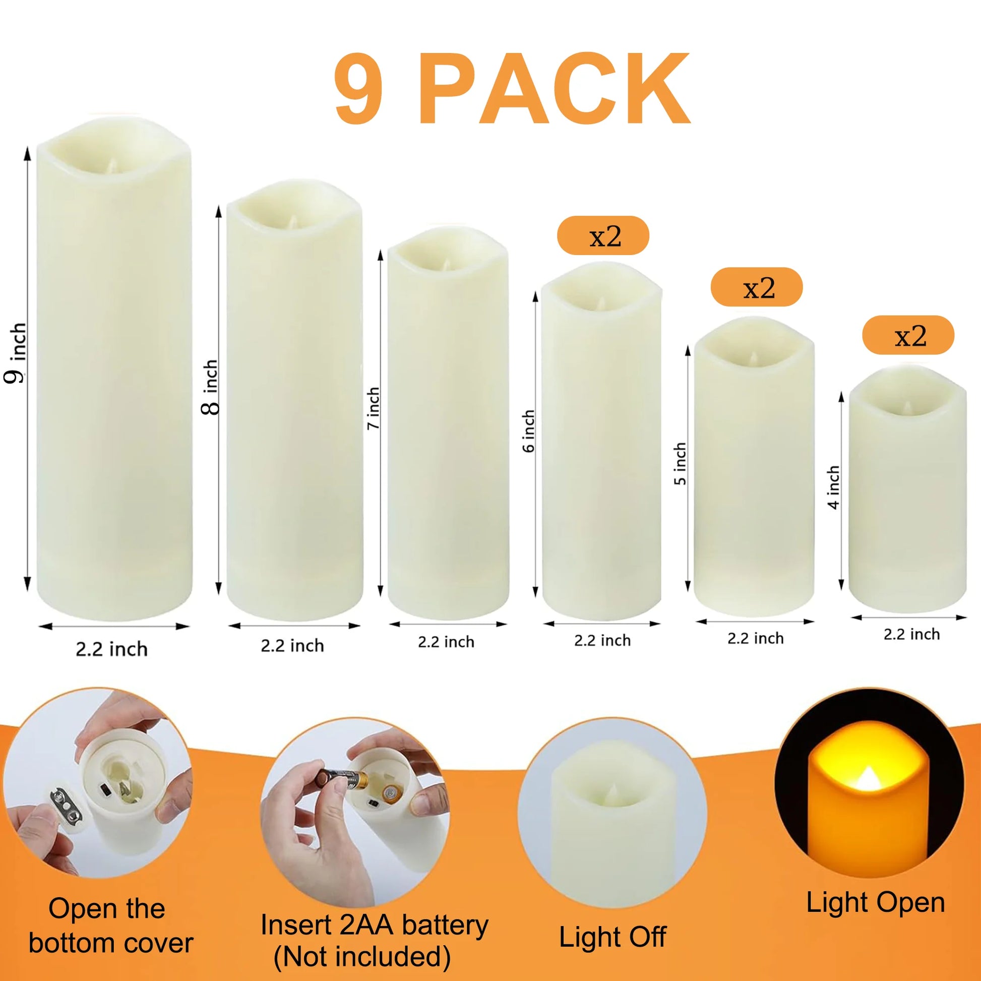Remote-Controlled Flameless Pillar Candles, 9-Pack Large Outdoor LED Battery-Operated Ivory Votive Flickering Lights