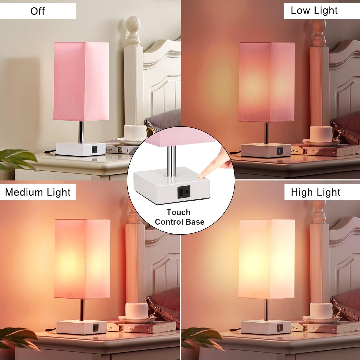 Touch Control Table Lamp with 2 USB Charging Ports, 3 Way Touch Lamps beside Desk
