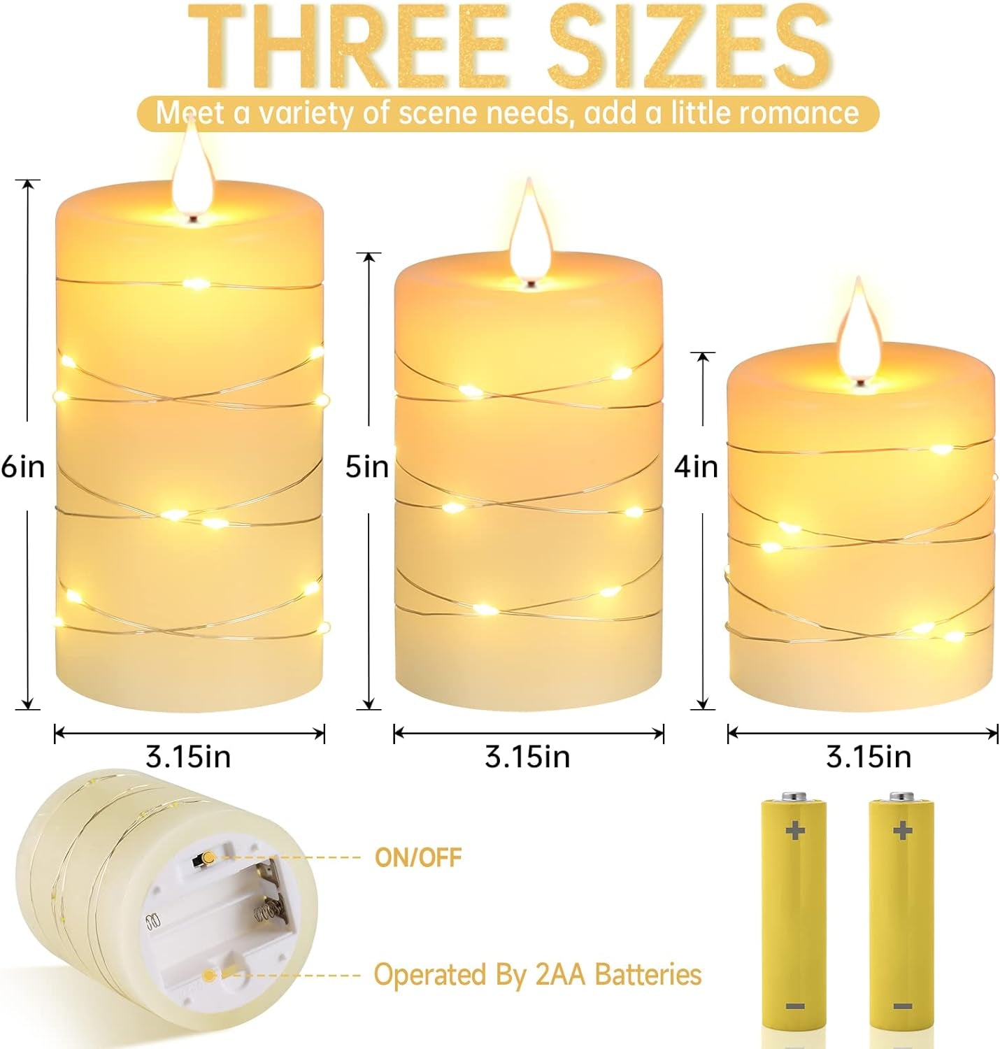 Flameless Candles with String Lights Battery Operated Candles, Led Flickering Candles with Remote Control and Timer, Real Wax, 3 Pack-Ivory