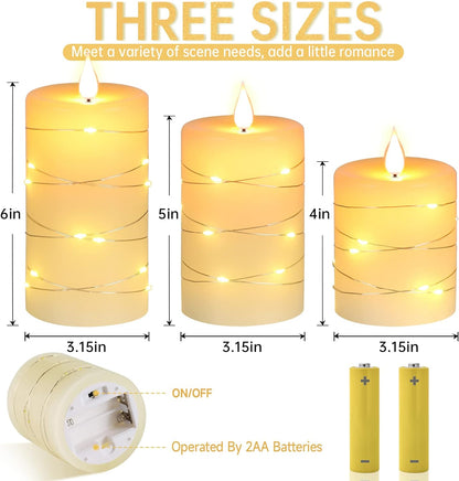 Flameless Candles with String Lights Battery Operated Candles, Led Flickering Candles with Remote Control and Timer, Real Wax, 3 Pack-Ivory