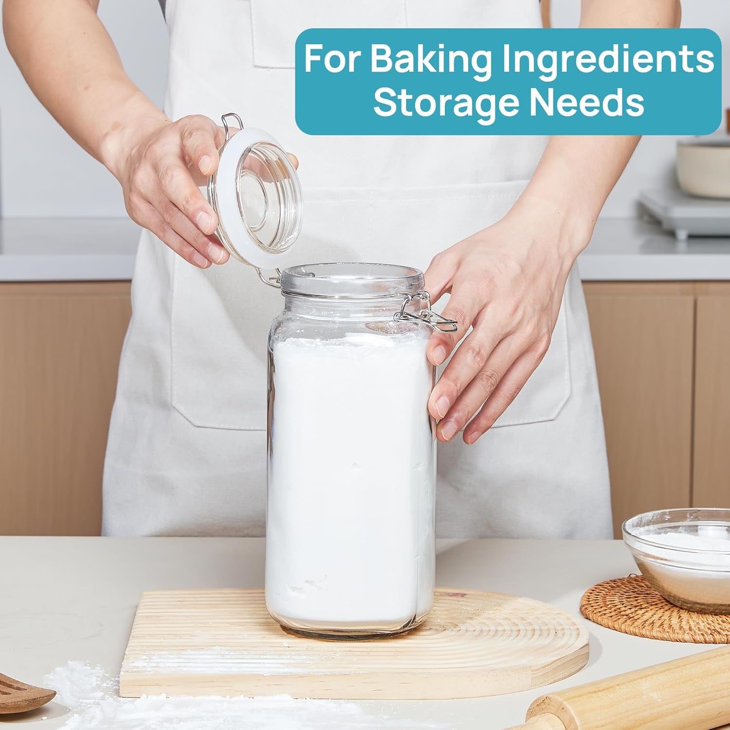 78Oz Glass Food Storage Jars with Airtight Clamp Lids, 3 Pack Large Kitchen Canisters for Flour, Cereal, Coffee, Pasta and Canning, Square Mason Jar with 8 Chalkboard Labels