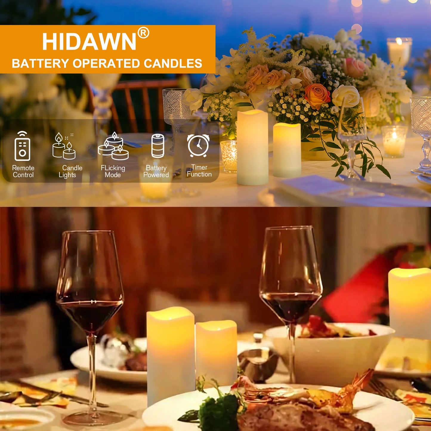 Remote-Controlled Flameless Pillar Candles, 9-Pack Large Outdoor LED Battery-Operated Ivory Votive Flickering Lights