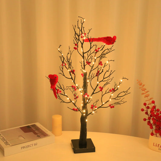 Lighted Mini Birch Tree Light LED Cardinals Christmas Tree Vintage Glowing Tree Light for Table Holiday Home Xmas Decoration