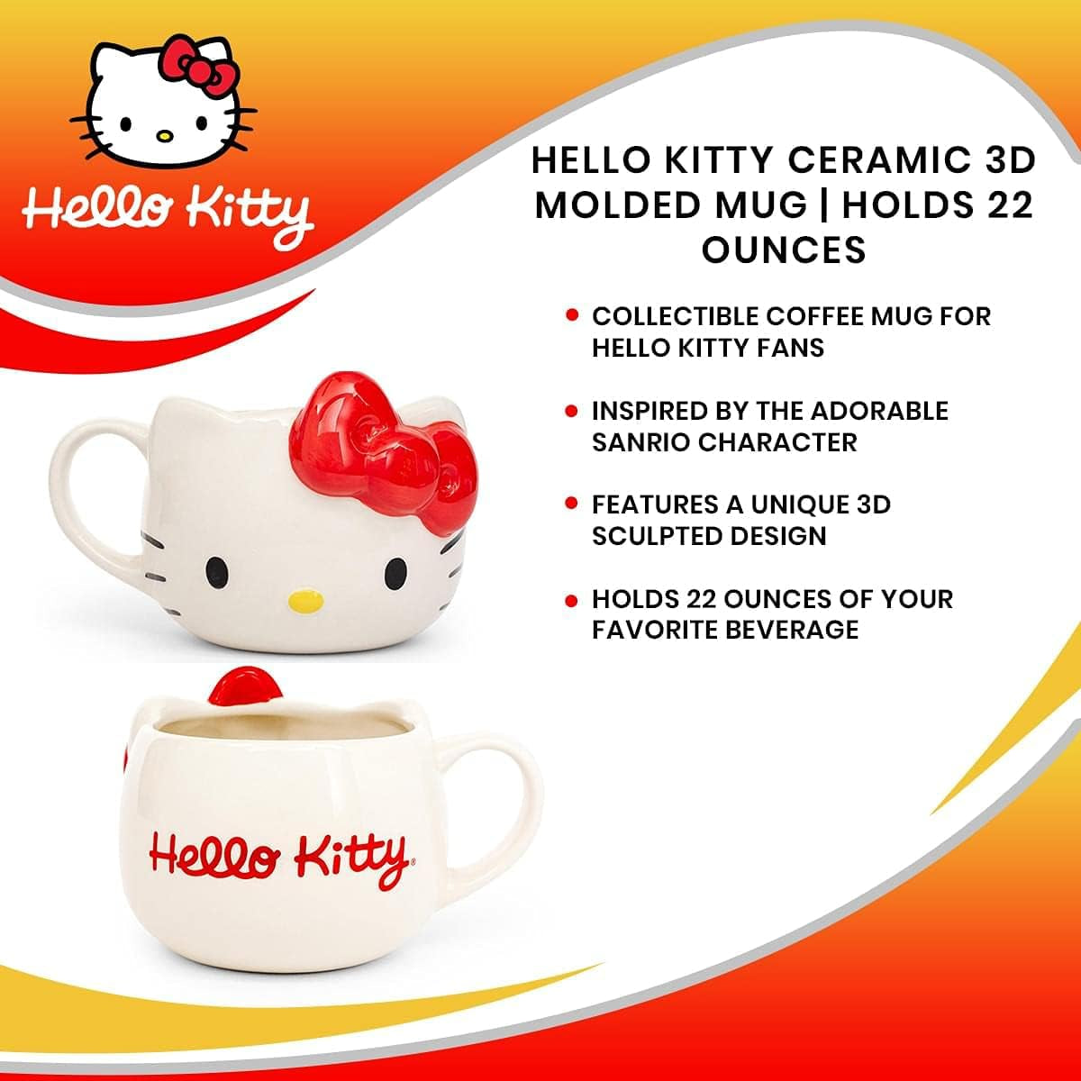 Hello Kitty Face Ceramic 3D Sculpted Mug, 22-Ounces