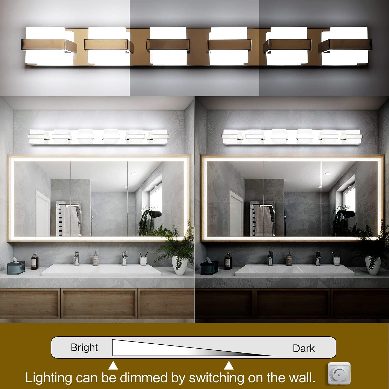 6 Lights Chrome Bathroom Light Fixtures Modern LED Bathroom Light Vanity Lights over Mirror 41 Inch White Light Dimmable