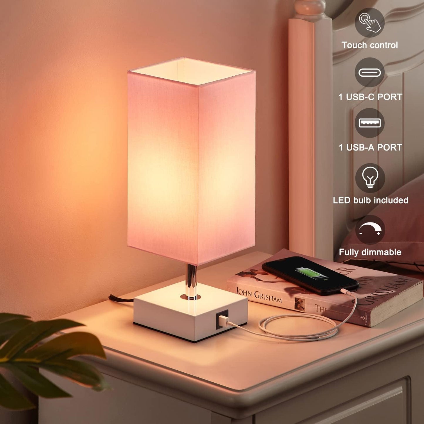 Touch Control Table Lamp with 2 USB Charging Ports, 3 Way Touch Lamps beside Desk