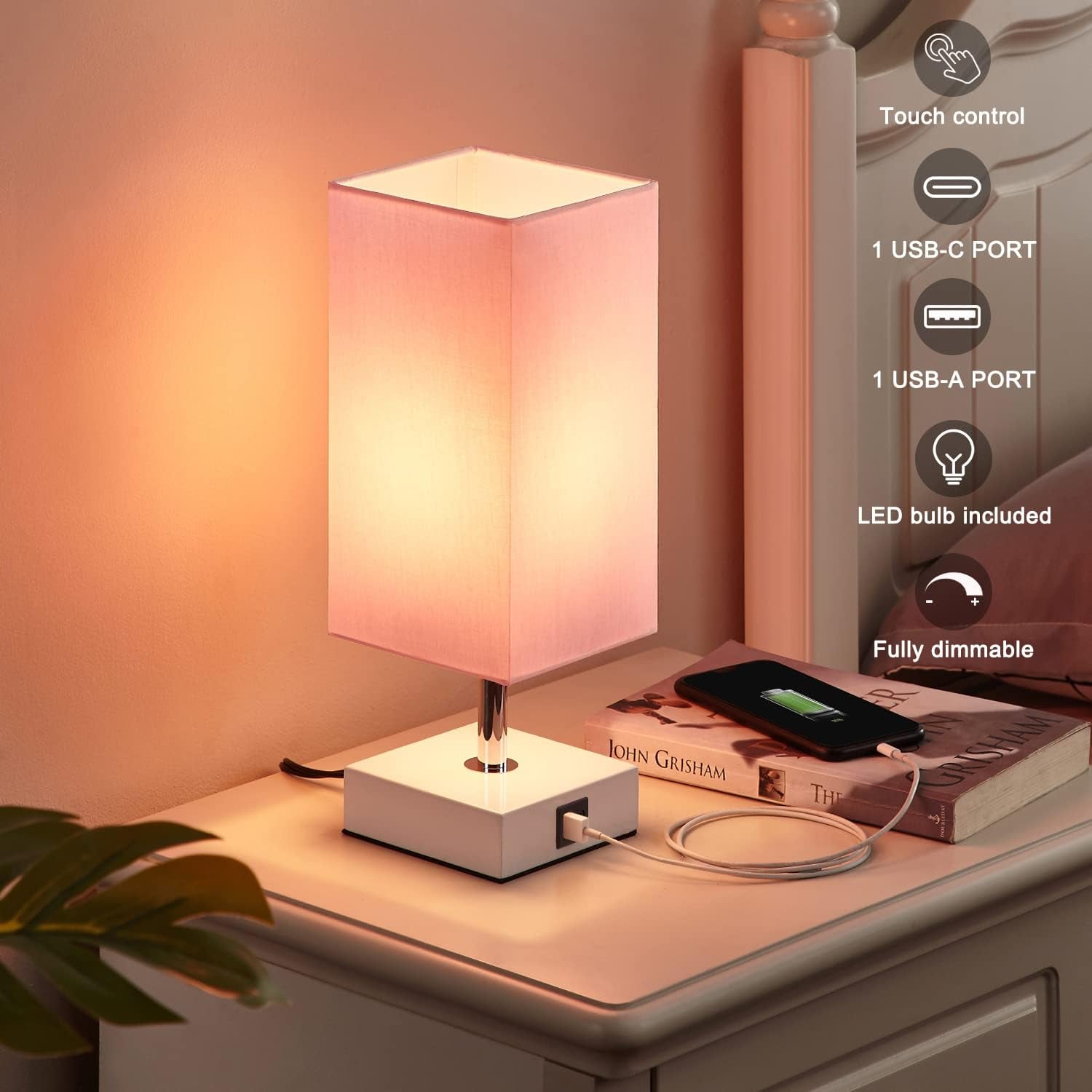 Touch Control Table Lamp with 2 USB Charging Ports, 3 Way Touch Lamps beside Desk