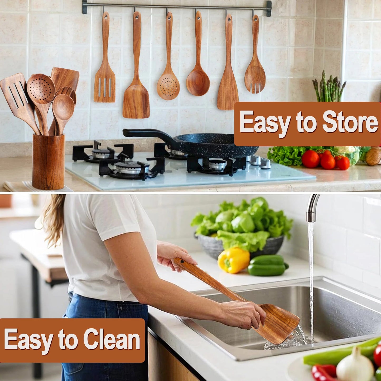 Wooden Spoons for Cooking, 9 Pcs Natural Teak Kitchen Utensil Set with Utensils Holder & Spoon Rest