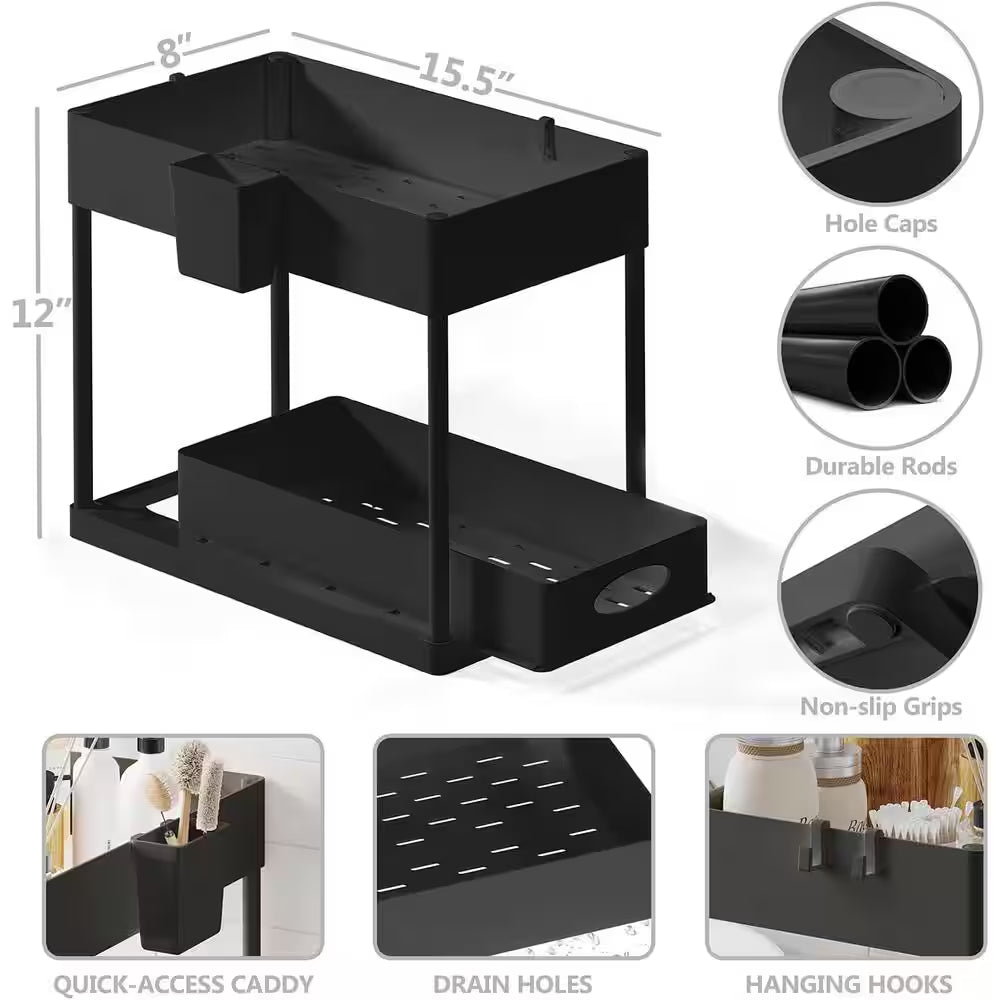2-Tier Black Sliding under Sink Organizer Storage Cabinet Basket Drawer
