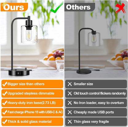 Industrial Table Lamp with USB A+C Ports and Outlet, Fully Stepless Dimmable Modern Nightstand Lamp, Glass Shade Bedside Desk Lamp for Bedroom Living Room Office, 8W 2700K LED Edison Bulb Included.