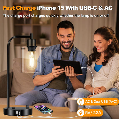Industrial Table Lamp with USB A+C Ports and Outlet, Fully Stepless Dimmable Modern Nightstand Lamp, Glass Shade Bedside Desk Lamp for Bedroom Living Room Office, 8W 2700K LED Edison Bulb Included.