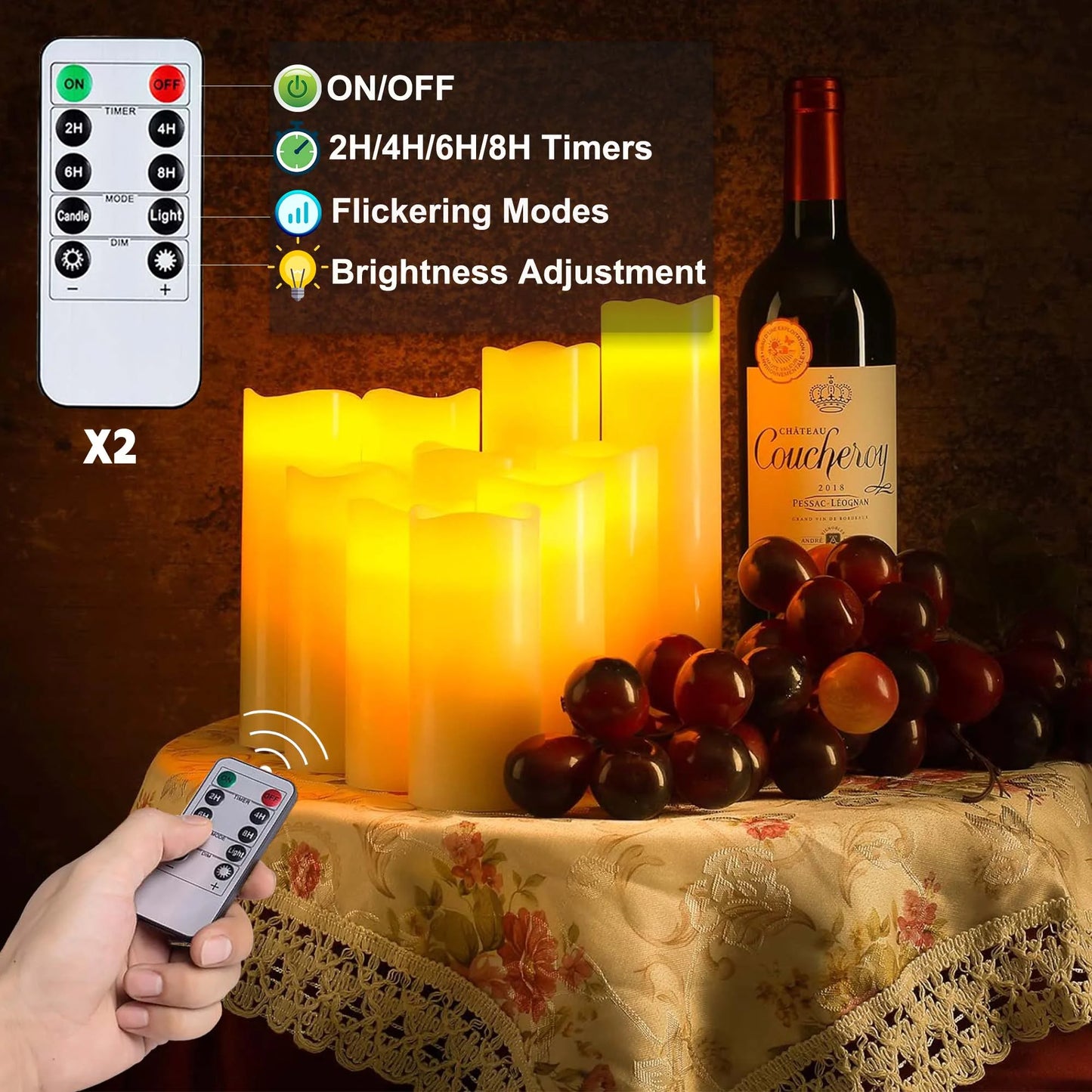 Remote-Controlled Flameless Pillar Candles, 9-Pack Large Outdoor LED Battery-Operated Ivory Votive Flickering Lights