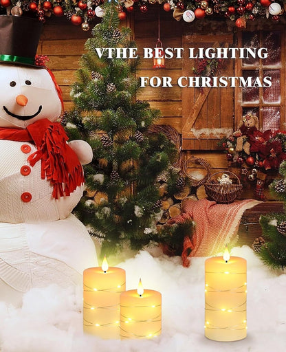 Flameless Candles with String Lights Battery Operated Candles, Led Flickering Candles with Remote Control and Timer, Real Wax, 3 Pack-Ivory
