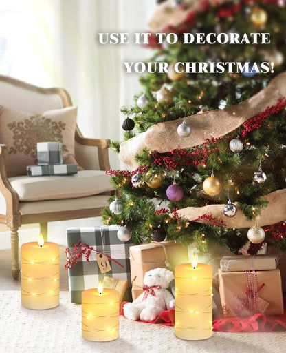 Flameless Candles with String Lights Battery Operated Candles, Led Flickering Candles with Remote Control and Timer, Real Wax, 3 Pack-Ivory