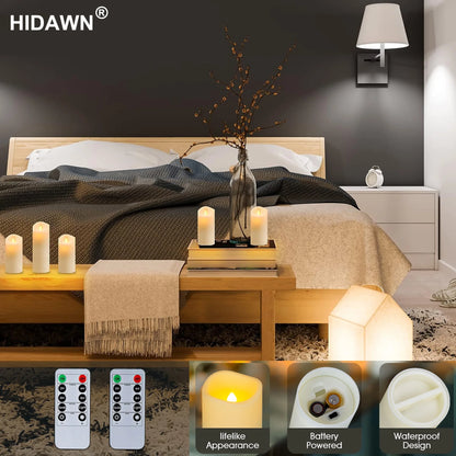 Remote-Controlled Flameless Pillar Candles, 9-Pack Large Outdoor LED Battery-Operated Ivory Votive Flickering Lights