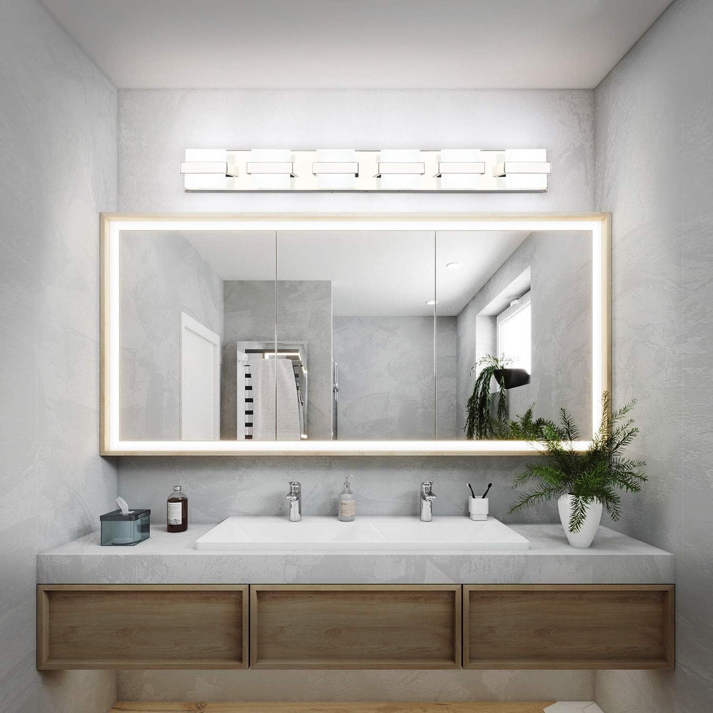 6 Lights Chrome Bathroom Light Fixtures Modern LED Bathroom Light Vanity Lights over Mirror 41 Inch White Light Dimmable