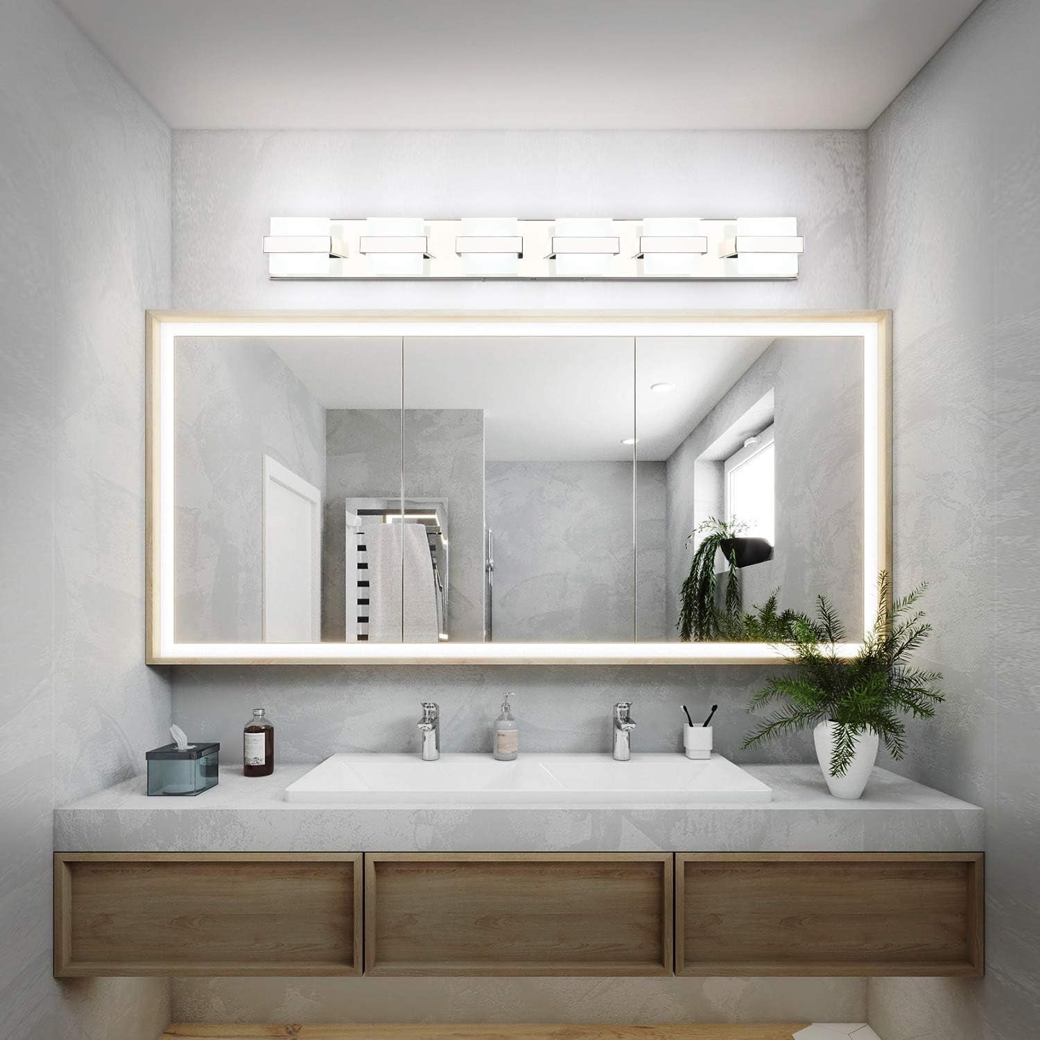 6 Lights Chrome Bathroom Light Fixtures Modern LED Bathroom Light Vanity Lights over Mirror 41 Inch White Light Dimmable