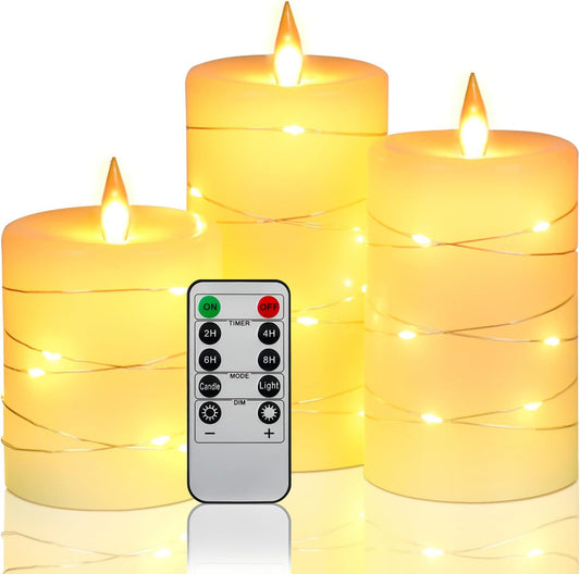 Flameless Candles with String Lights Battery Operated Candles, Led Flickering Candles with Remote Control and Timer, Real Wax, 3 Pack-Ivory