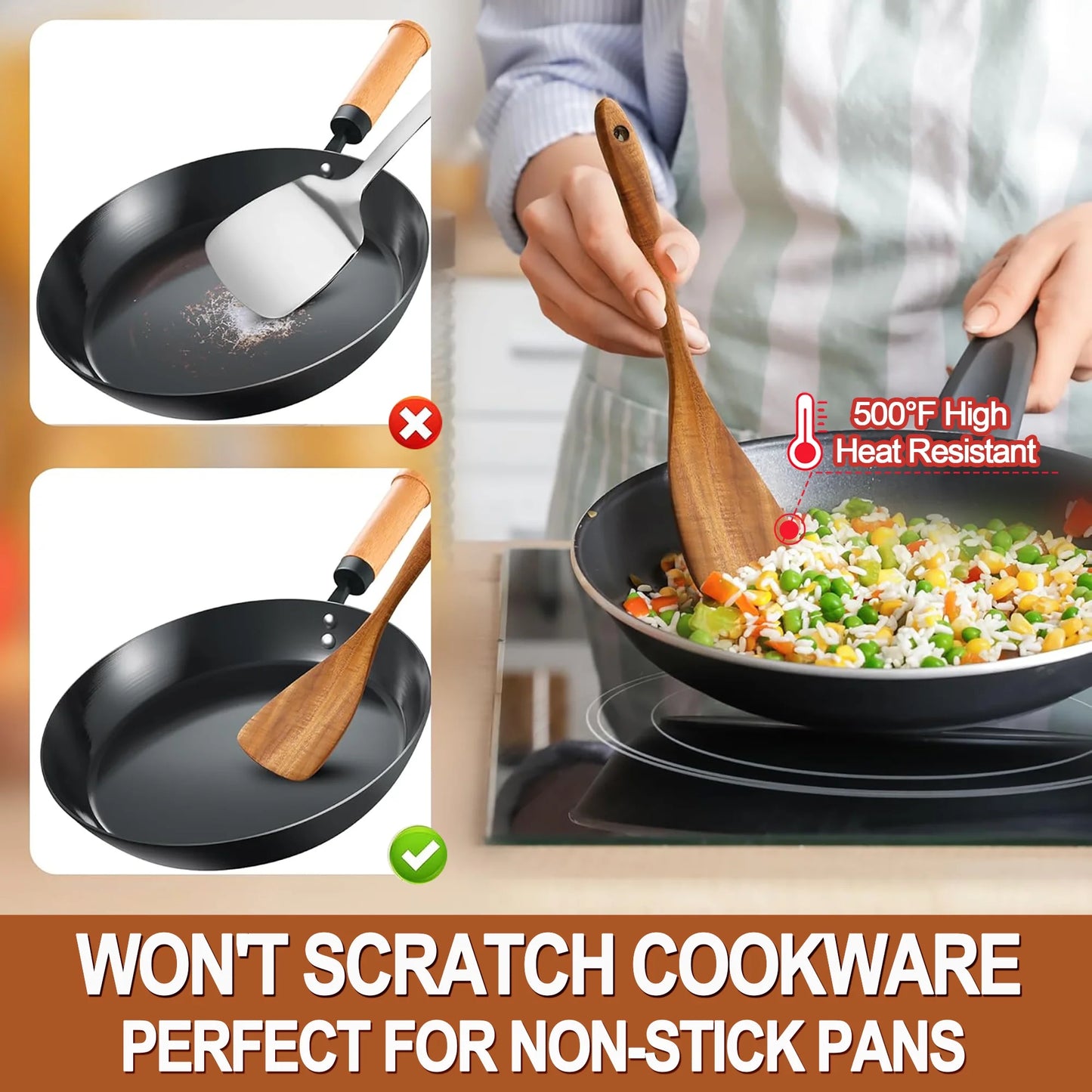 Wooden Spoons for Cooking, 9 Pcs Natural Teak Kitchen Utensil Set with Utensils Holder & Spoon Rest