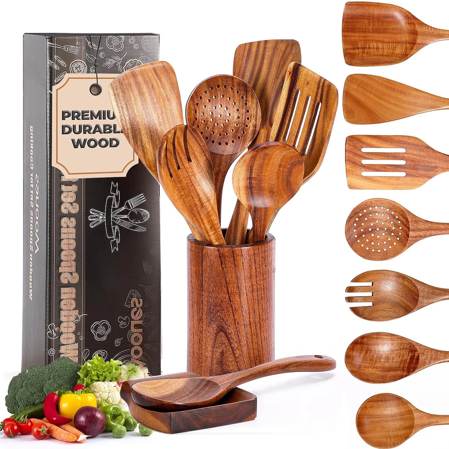 Wooden Spoons for Cooking, 9 Pcs Natural Teak Kitchen Utensil Set with Utensils Holder & Spoon Rest
