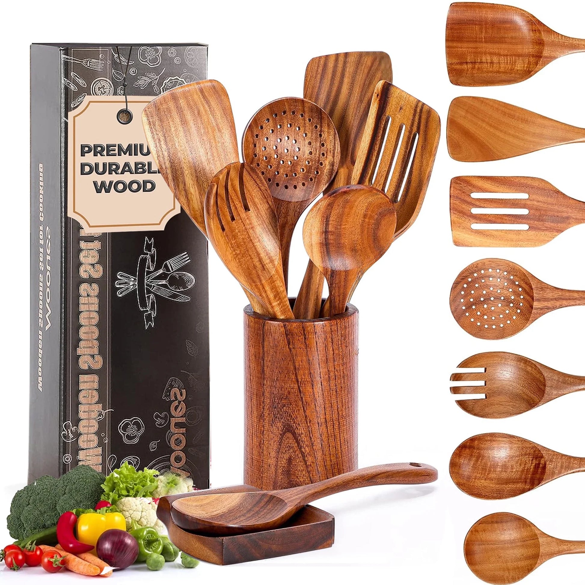 Wooden Spoons for Cooking, 9 Pcs Natural Teak Kitchen Utensil Set with Utensils Holder & Spoon Rest