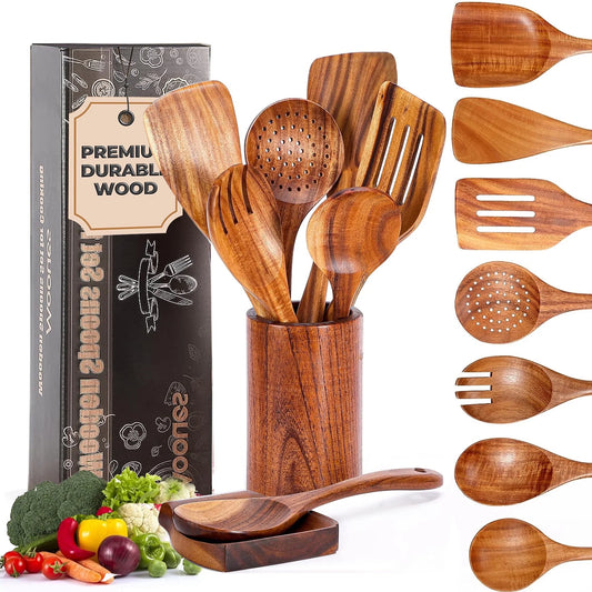 Wooden Spoons for Cooking, 9 Pcs Natural Teak Kitchen Utensil Set with Utensils Holder & Spoon Rest