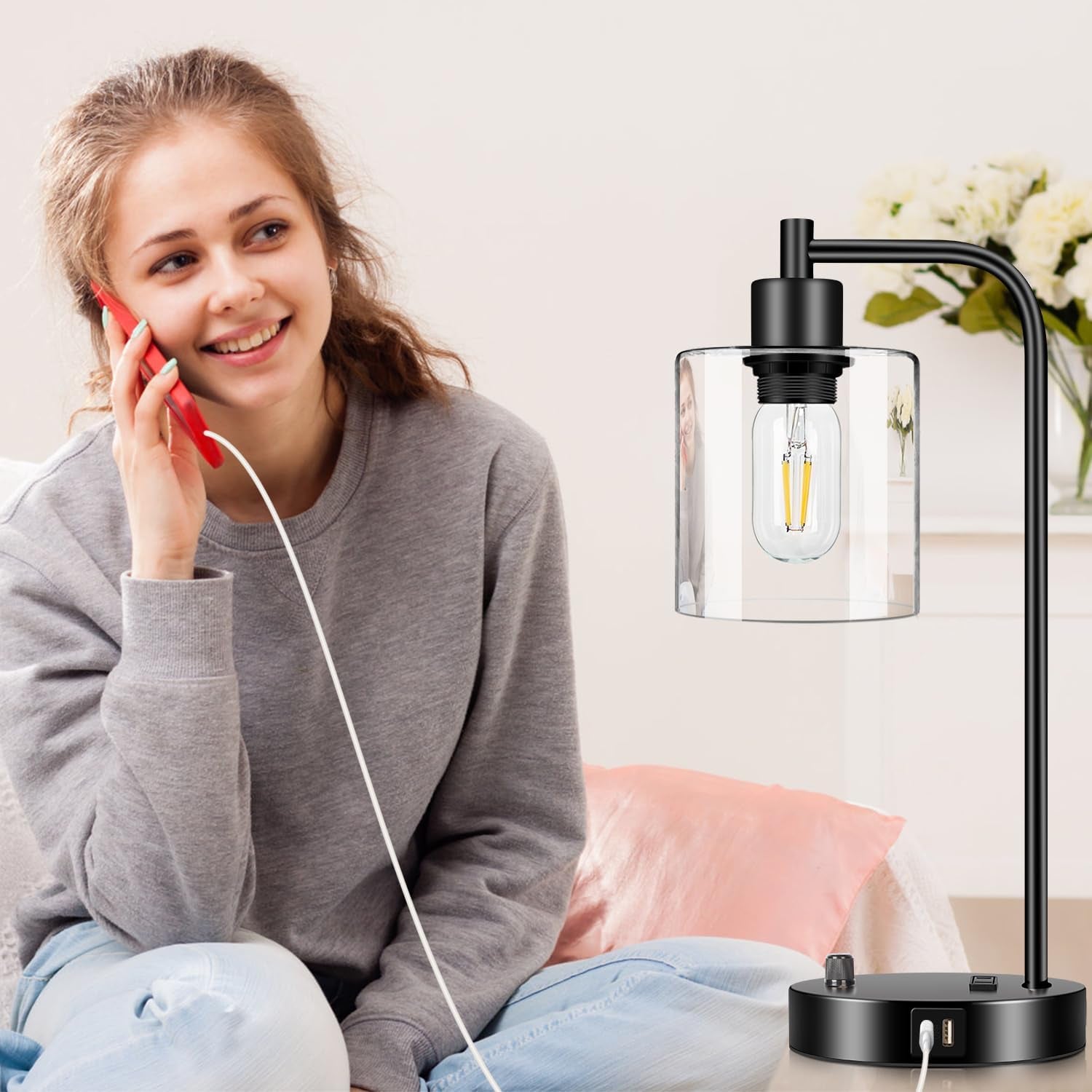 Industrial Table Lamp with USB A+C Ports and Outlet, Fully Stepless Dimmable Modern Nightstand Lamp, Glass Shade Bedside Desk Lamp for Bedroom Living Room Office, 8W 2700K LED Edison Bulb Included.