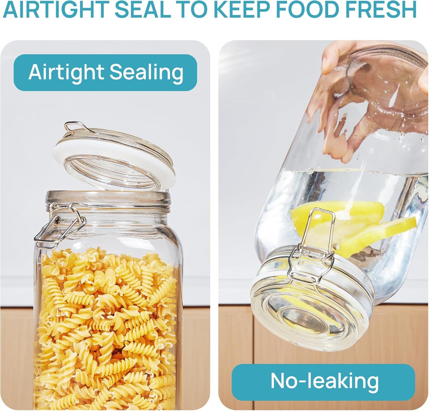 78Oz Glass Food Storage Jars with Airtight Clamp Lids, 3 Pack Large Kitchen Canisters for Flour, Cereal, Coffee, Pasta and Canning, Square Mason Jar with 8 Chalkboard Labels