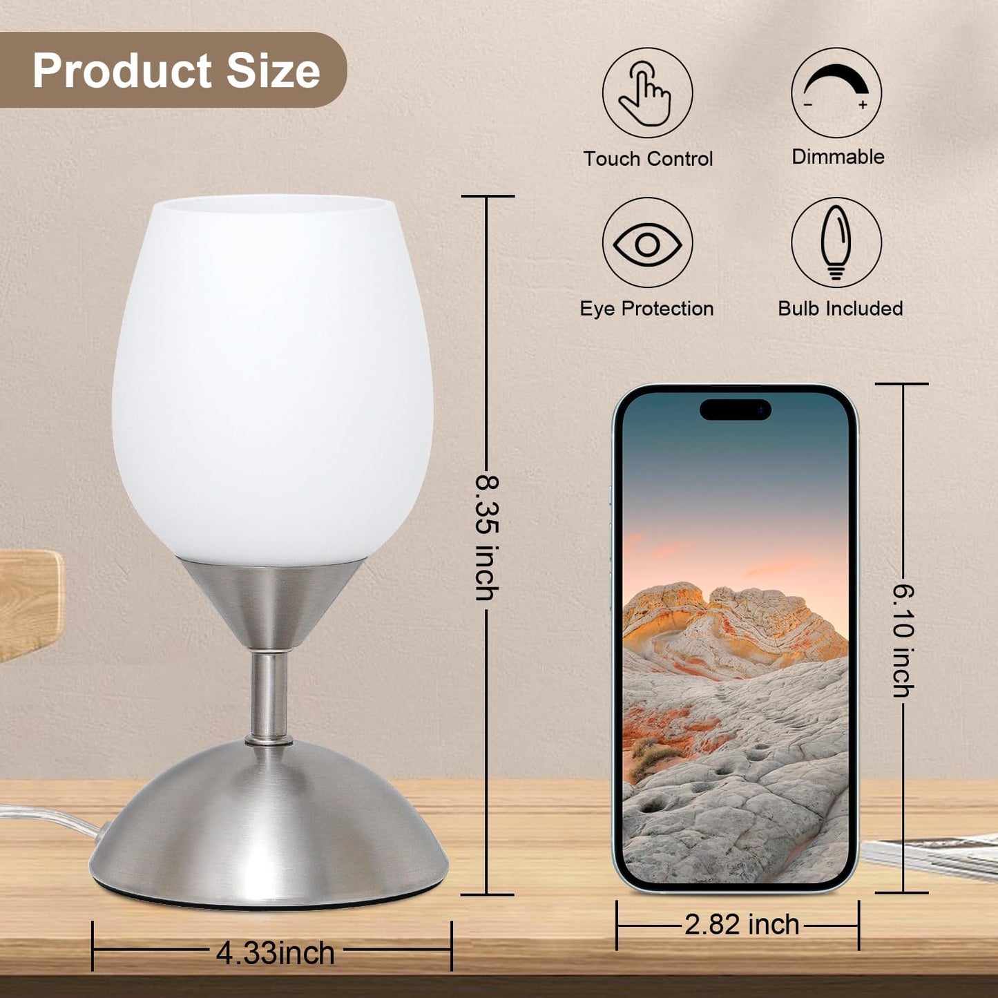 Small Touch Lamp for Bedroom Nightstand, 3-Way Dimmable Bedside Lamps 