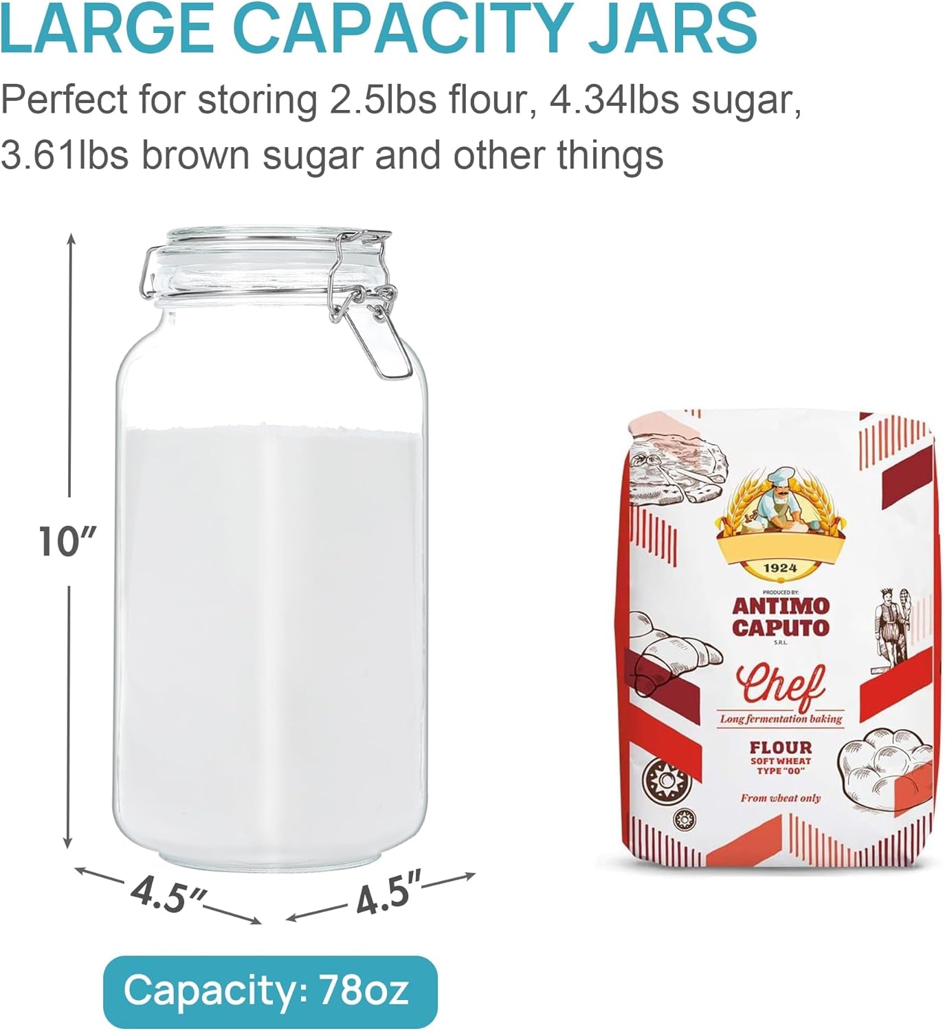 78Oz Glass Food Storage Jars with Airtight Clamp Lids, 3 Pack Large Kitchen Canisters for Flour, Cereal, Coffee, Pasta and Canning, Square Mason Jar with 8 Chalkboard Labels